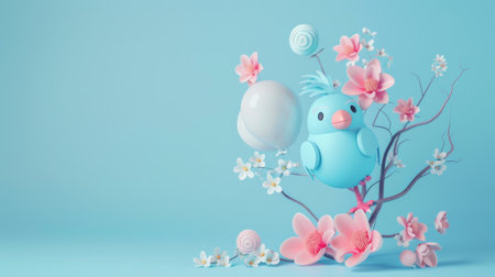 On a light blue background, twisted balloons with blue birds and flowers. This banner is 3D.の素材