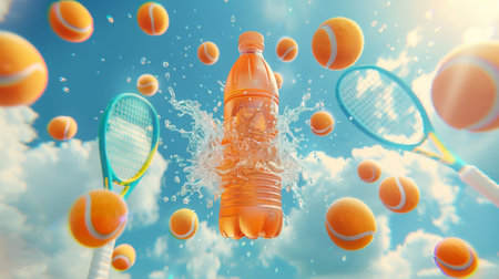 A 3D water bottle advertisement with orange gradient bottle, ball and racket floating in the sky with splashing water effect.の素材