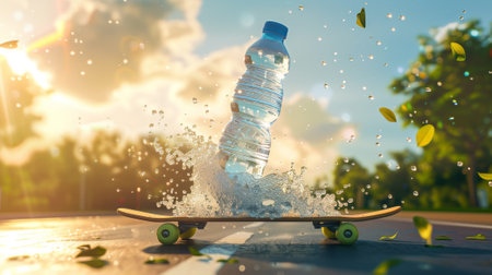 This is a 3D water bottle ad template with a skateboard and speed effect flying out from a slope over a sunny sky background.の素材
