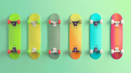 Isolated 3D skateboard set with and without speed effect on light green background.の素材