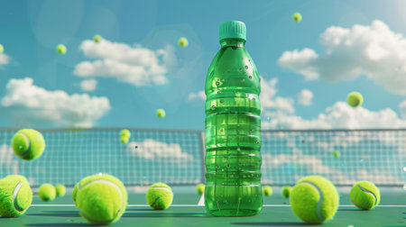 This is a 3D ad for a sport water bottle featuring a green bottle on a tennis court with rackets and balls against a sunny sky background.の素材