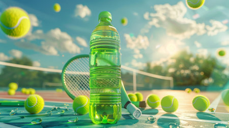Ad for a sport water bottle. Tennis court with racket and balls on sunny sky background.の素材