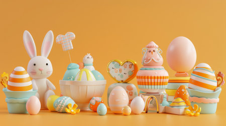 This is an illustrated sweet festive Easter set isolated on a light orange background. It includes painted eggs, a porcelain bunny, a bowl of eggs, a layer cake, and a cupcake.の素材