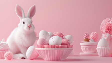 Decorative pink Easter poster with cute porcelain rabbit next to painted eggs and cupcake on pink background.の素材