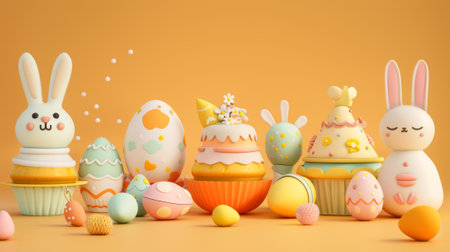 The illustration depicts an Easter celebration set with painted eggs, a porcelain bunny, a bowl of eggs, a layer cake, a cupcake, and a layer cake bowl.の素材
