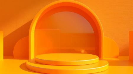 An orange background with a glass arch and display podium is decorated with circles.の素材