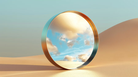 This is an abstract 3D mirror with a reflection of the sky isolated on a beige background.の素材