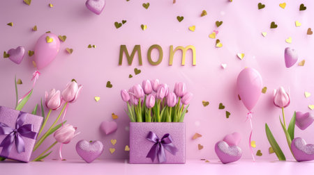 A 3D poster showing tulips and heart balloons inside a purple gift box with a golden mom text on a pink background.の素材