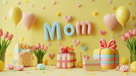 This 3D party decoration set includes tulips, cake, balloons, heart-shaped gift box, mom text and love balloons. It is great for holidays like Mother's Day and birthdays.の素材