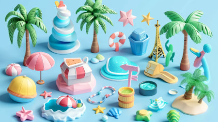 Set of 3D beach vacation theme elements isolated on a light blue background.の素材