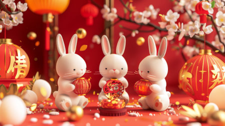 A cartoon image of miniature white bunnies celebrating Mid Autumn holiday against a red background. Translation: Happy Mid Autumn Festival on August 15th.の素材
