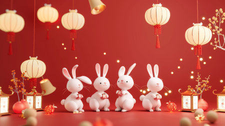 White rabbits with giant festive objects on red background celebrating Mid Autumn Festival.の素材