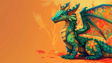On an orange background, an illustration of a majestic green dragon with a floral pattern is shown.の素材