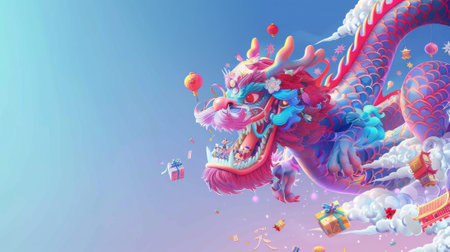 Giant dragon floating in the air on a gradient background of light blue and purple. Text: Happy New Year.の素材
