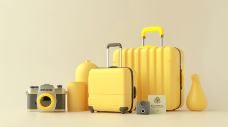 Featured in this 3D set is a yellow suitcase and a camera on a cream-colored background.の素材
