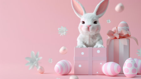 Light pink background with 3D porcelain Easter rabbit and painted eggs.の素材