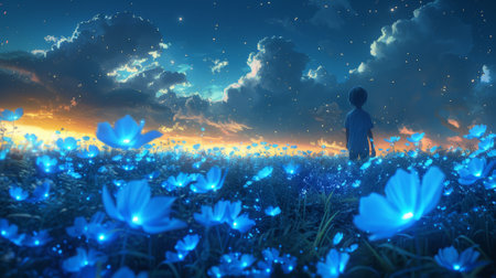 Night scenery of a boy running on a blue field with glowing petal flowers, an illustration painting in digital art styleの素材
