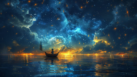 Boy rowing a boat in the ocean while observing a sailing ship floating in the stars, digitl style, illustration paintingの素材