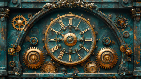 A 3D digital illustration with an ornate Victorian blue background and steampunk gears and brass logosの素材