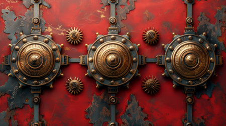 The background is an ornate Victorian red, with steampunk gears and golden brass in 3Dの素材