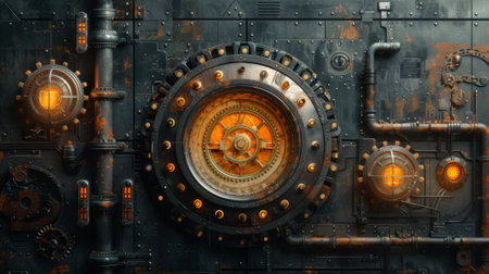 3D illustration of a complex gear mechanism in a vintage steampunk banner with a black backgroundの素材