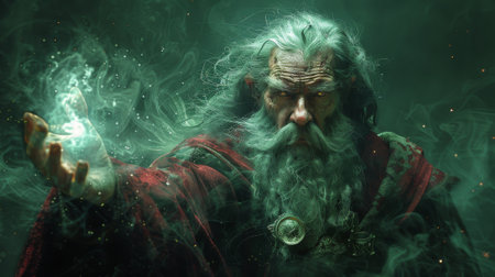 Digital art style, illustration painting of the angry wizard, holding a magic gem that he casts a spellの素材