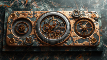 Illustration of a round aged copper plaque over a clockwork mechanism in 3D.の素材