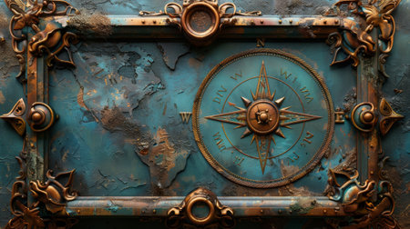 This aged paper frame features steampunk fantasy compass 3D illustrationsの素材
