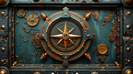 An ornate metal frame with a 3D illustration of a fantasy compass in the steampunk style.の素材