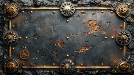 A 3D illustration of a steampunk frame with brass ornaments and a cogwheel mechanism.の素材