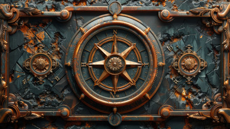 The frame is made of aged copper with clockwork mechanisms and 3D illustrations of a fantasy compass.の素材