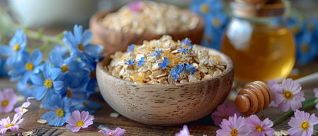 Among the items in the bowl are oatmeal, honey, a milk jug, and flowersの素材