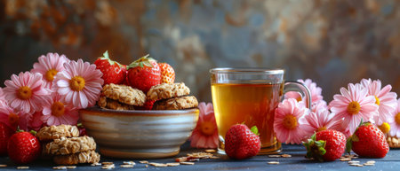 There are strawberries in the bowl, honey in the bowl, a cup of milk, and oatmeal cookies in the cup.の素材