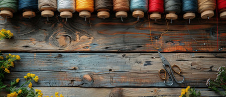 Various colored thread spools, scissors, needles, and thimbles for sewing on shabby wooden boardsの素材