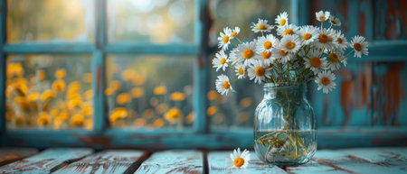 Daisies standing in a glass vase on wooden planksの素材