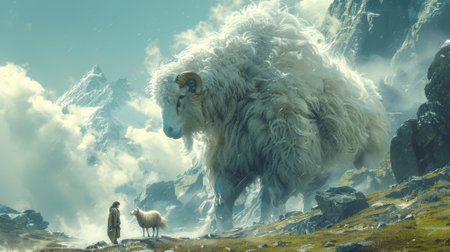 Unicorn Sheep and Mountain Giant. He didn't realize where he stood today is a giant who had just awoken from a 1000-year dream and was looking at him.の素材