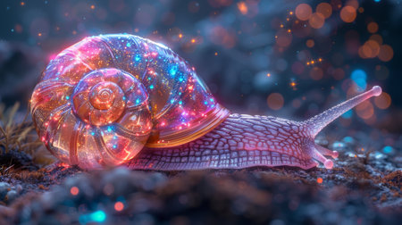 A crystal snail comes from a far away planet. A crazy and fantasy future world topic. Using a realistic, cartoon, fantastic, or sci-fi style.の素材
