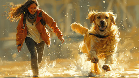 In this illustration, the main character is called the girl running, an extraordinary female with great courage. She has a dog. Her friend is exiled to an alien planet.の素材