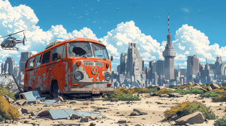 Desolate outskirts of the city depicted in realistic cartoon style. Sci-Fi scene / wallpaper / background.の素材