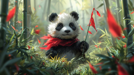 Cartoon Style Artwork, Wallpaper, Story Background, Card Design: Cute Panda in a Green Bamboo Forest. Realistic Fantastic Artwork.の素材