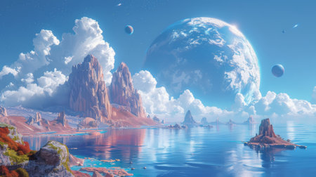 Video Game CG Artwork, Concept Illustration, Realistic Cartoon Style of an alien planet from the seaの素材