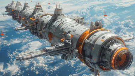 Artwork from a video game's digital CG, concept illustration, and realistic cartoon style background for space station.の素材