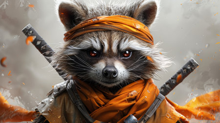 An isolated Ninja KungFu Raccoon is surrounded by a white background. Artist concept illustration of a video game character designed in the traditional cartoon style on a white background.の素材
