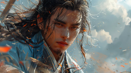 An Ancient Chinese Person's Artwork: Pretty Young Man, Gentleman, Handsome Swordsman. Video Game CG Artwork, Concept Illustration, Animated Cartoon Style Background, Character Design, and Backgroundの素材