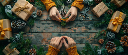 The top view shows a woman's hands gluing ribbon to a cone. Over a shabby wooden table are gifts and scrolls, spruce branches, and tools.の素材
