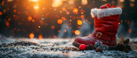 In the background, there are glowing lights outside the window and Santa's boot and bag with gifts and cones on a wooden wallの素材