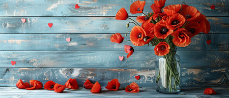 Valentine's Day card with red poppies bouquet in vase and motivational frame with hearts on white wooden planks.の素材