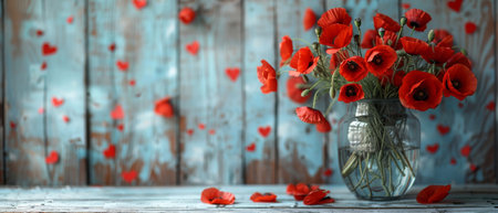 A Valentine's Day card with a red poppies bouquet and a heart-shaped motivational frame on a board of white wooden planks in a Scandinavian style.の素材