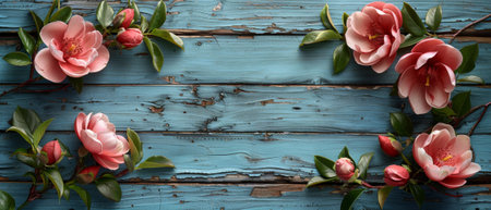 Greeting card design with magnolias and roses for Mother's Day on a background of rustic-style wooden planks. Close-up. Flat design. Copy space.の素材