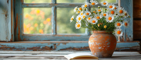 The vase holds a rose bouquet in clay with a notebook and a motivational frame for your text or picture on top of white wooden planks in a Scandinavian style color scheme.の素材
